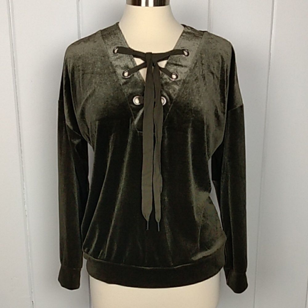 Bobeau Velvet Top NWOT Navy Green Velour Laceup Blouse, Size - Medium
